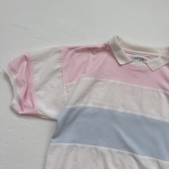 Vintage 80s Greenline Striped Collared Crewneck Patchwork Shirt, Size Large - Picture 2 of 9